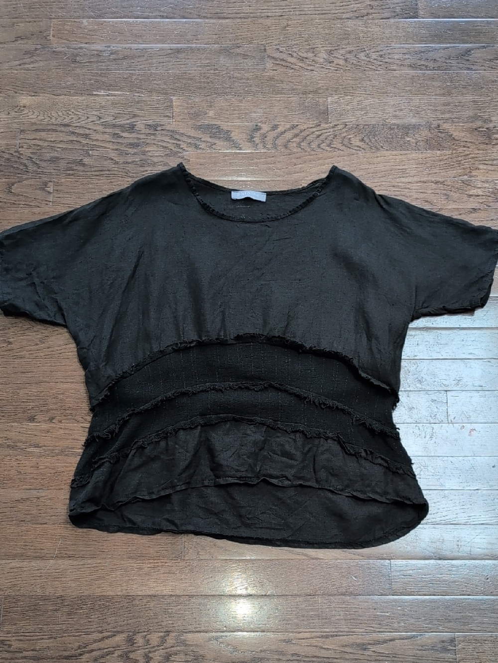 Women’s Black Layered Textured Cotton Linen Short-Sleeve Top Size L